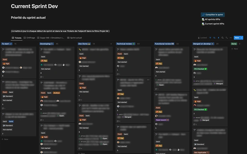 Tabla con tickets de desarrollo y su progreso