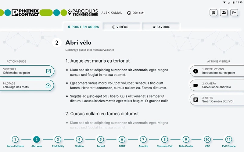 Texte de présentation d'un point d'intérêt et boutons de navigation